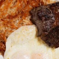 Angus Top Sirloin Steak & Eggs · Two eggs, served with sirloin steak charbroiled to your individual taste.