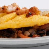 Cajun Shrimp Omelet · Scampi style sautéed shrimp, mushrooms, onions, tomatoes & mozzarella cheese.