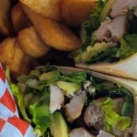 Chicken Wrap · Comes with a side of French fries.