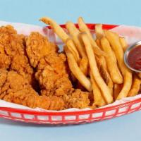 Chicken Tenders Platter · 3 crispy fried chicken tenders with fries and a drink.
