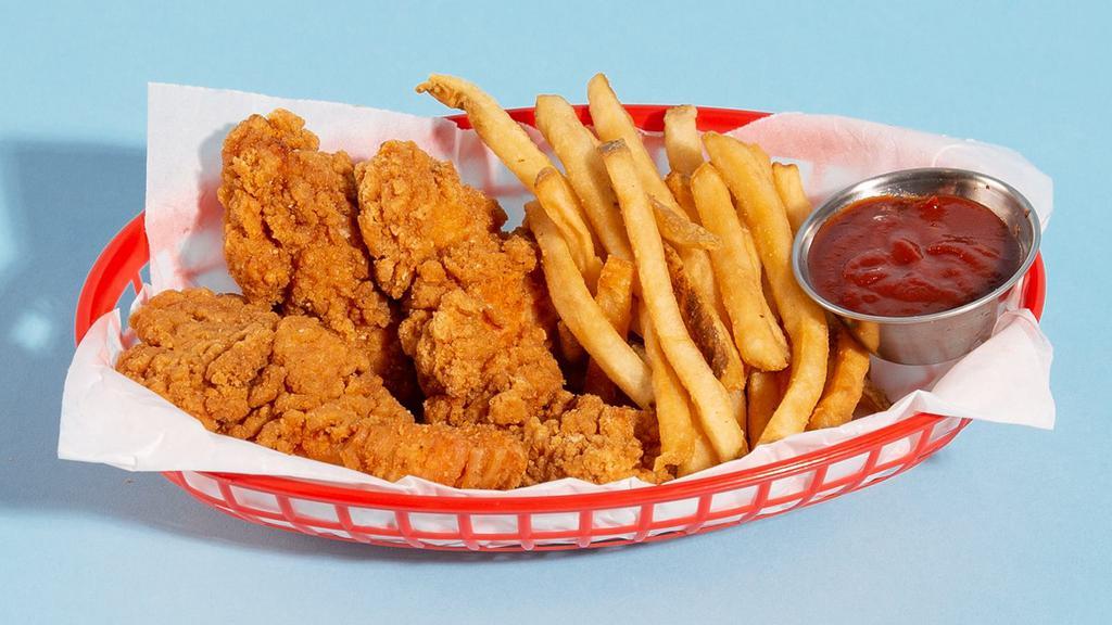 Chicken Tenders Platter · 3 crispy fried chicken tenders with fries and a drink.