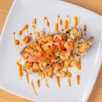 Dynamite Roll · In: crabmeat, cucumber, avocado, shrimp tempura. Out: baked scallop, crawfish, green onion, ...