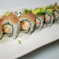 Albacore Lover · In: spicy albacore, crabmeat, cucumber. Out: albacore, avocado. Crabmeat is imitation crab.