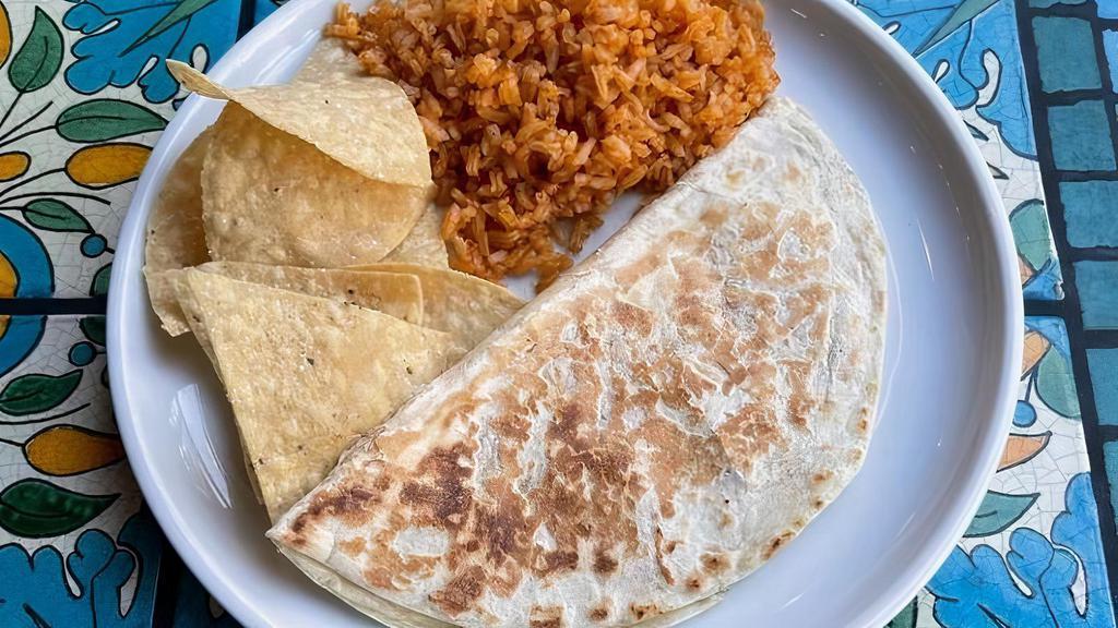 Kids Quesadilla · flour tortilla, cheddar, organic red rice and chips.