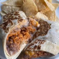 Kids Rice, Bean, Cheese Burrito · flour tortilla, pinto beans, red rice, cheddar cheese.