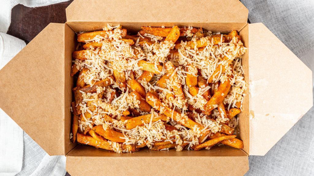 Garlic Parmesan Cheese Fries · Fries topped with fresh garlic and parmesan cheese.
