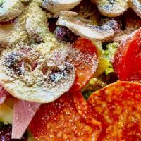Antipasto · Mixed greens, mortadella, provolone, salami, mushrooms, roma tomatoes, pepperoncini, peppero...