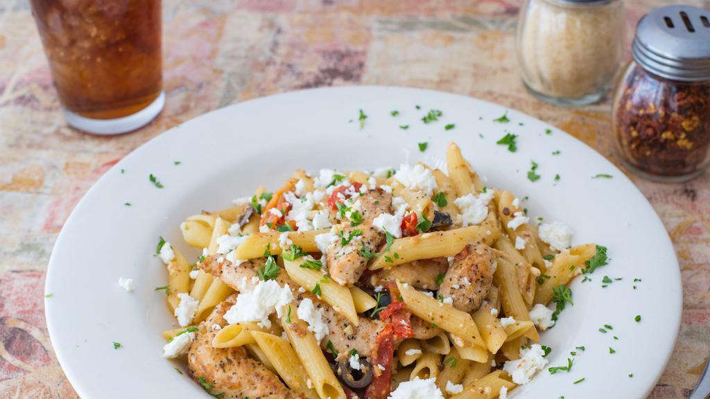 Chicken Penne Chipotle · Chicken tenders, sun-dried tomatoes, olive oil, olives, chipotle, fresh garlic, feta, over penne.