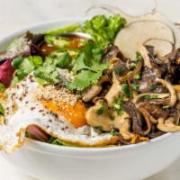 Veggie Rice Bowl · market mushrooms, purple rice, miso, coleman farm's market greens, house pickles, sunny egg,...