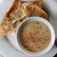 Cow Lentil Soup · Served with homemade pita chips.
