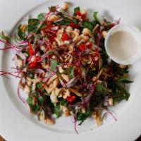 Garbanzo Bean Salad · Garbanzo beans, spinach, microgreens, roasted bell peppers, shallots, served with a side of ...