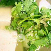 Vegetarian Tofu Soup · Tofu in vegetable broth, bok choy, garnish.
