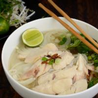 Pho Ga- Chicken Noodle Soup · Chicken with rice thin noodle, slice onion, green onion, cilantro, bean sprout, mint on top ...