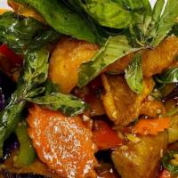 Spicy Eggplant Basil · Chinese eggplant, bell pepper, onion and carrot stir fried in basil chili sauce. Choose your...