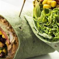 Southwest Chicken Wrap. · Shredded cheddar cheese, grilled chicken breast, avocado, corn, black beans, tomato, lettuce...
