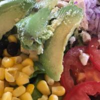 Southwest Chicken Salad. · In a bed of green leaf lettuce; grilled chicken, avocado, corn, black beans, tomato, onion, ...