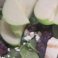 Apple Spinach Salad. · In a bed of spinach; grilled chicken, apple slices, goat cheese, and dried cranberries with ...