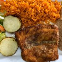 Breaded Chicken Plate · With green salad and fried potatoes rice and beans