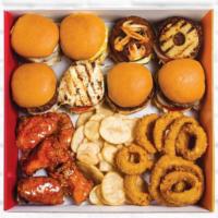 Family Box · Eight (3oz) burgers, eight wings, fries, onion rings.