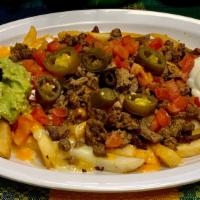 Nacho Fries · Your choice of meat, cheese, fries, sour cream, guacamole, olives, jalapenos, and tomatoes.