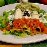 Flautas · Deep fry regular size tortilla. Shredded chicken or shredded beef: lettuce bed, guacamole, s...
