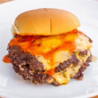 Fire Burger · Spicy. Double smashed ground patties, two slices of Kraft American cheese, pickles, our haba...