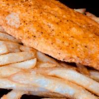  Fish With Fries Platter · Fresh fried swai fish over a bed of crispy fries.