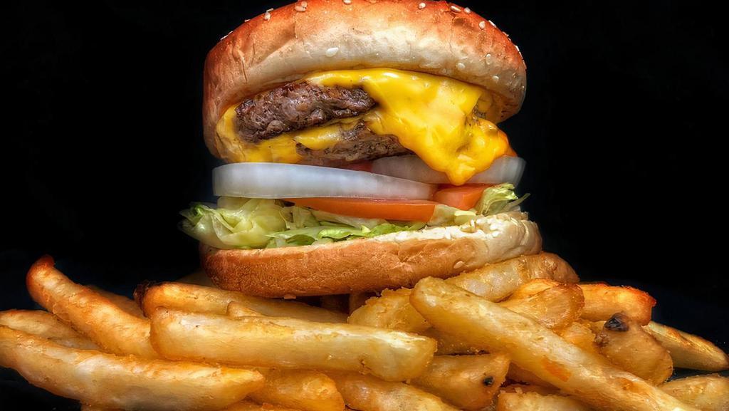 Double Cheeseburger With Fries · Two grilled halal beef patties seasoned with two slices of melted American cheese, lettuce, tomato, sliced onions, ketchup, and mayonnaise on a seeded bun with french fries