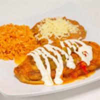 Chile Relleno Plate · Poblano pepper deep fried and stuffed with cheese. topped with sour cream house-made tomato ...