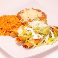 Taquito Plate · 3 Taquitos topped with cheese, sour cream, beans, salsa, guacamole, lettuce, and choice of m...