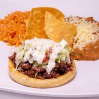 Sope Combo · Thick tortilla with choice of meat, lettuce, sour cream, pico de gallo, cheese, and sauce. S...