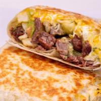 California Burrito · Stuffed with fries, shredded cheddar & monterey jack cheese, choice of meat, pico de gallo, ...