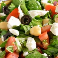 Mediterranean Salad · Roasted red peppers, tomatoes, kalamata olives, artichokes, feta, onions, cucumbers, romaine...