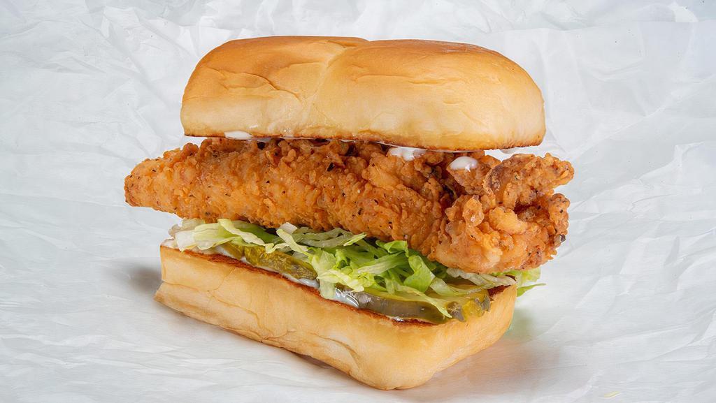 Bmc Slider Bm · Crispy fried chicken tender, spiced to your liking, Plain, Nashville Hot or Nashville Hotter with miso ranch, dill pickle slices and lettuce; served on Kings Hawaiian rolls