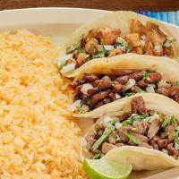 3 Soft Taco Combo · Choice of meat, rice, beans, onions, cilantro and salsa. Served with rice & beans