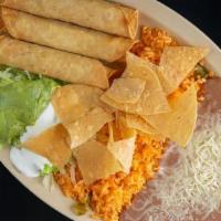 3 Taquito Combo Plate · Rolled chicken taquitos, lettuce, sour cream, and guacamole. Served with rice and beans.