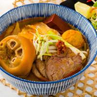 Hue Special Beef Noodle Soup/Bún Bò Huế Thương Đặc Biệt · A spicy & richly flavored noodle soup, tender beef shank, tendon, meatball, cooked blood pud...