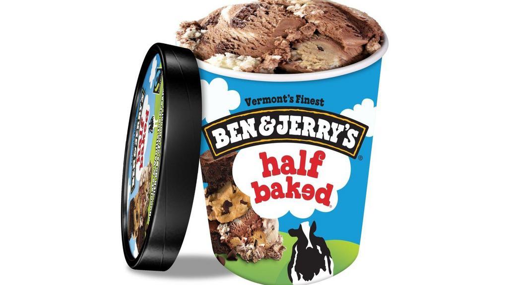 Ben & Jerry'S Half Baked · A delectable dance of Chocolate Chip Cookie Dough and Chocolate Fudge Brownie. Vanilla ice cream and chocolate ice cream with chunks of cookie dough and fudge browniesits hard to imagine a better combination. 16oz