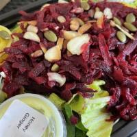 Grilled Beet Salad (Vegan) · Romaine lettuce, baby spinach, garbanzo (chick peas), beets grated, alfalfa sprouts, nuts, b...