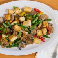 Mushroom Garlic Stir-Fry (Vegan) · Mushrooms, tofu, green beans and bell peppers.