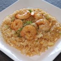 Shrimp Fried Rice · Pan-fried rice, 5pc shrimp, and egg topped with green onions and sesame seeds.