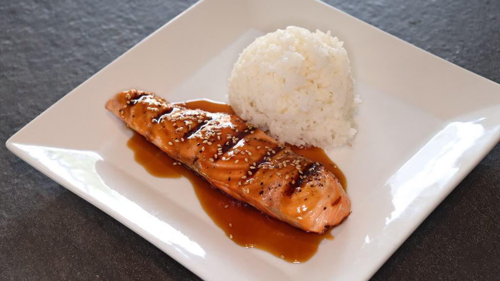 Grilled Salmon Teriyaki · Grilled salmon teriyaki with steamed rice.