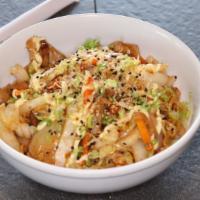 Chicken Yakisoba · Pan-fried noodle with chicken, napa cabbage, carrots, and white onions. Topped with Japanese...