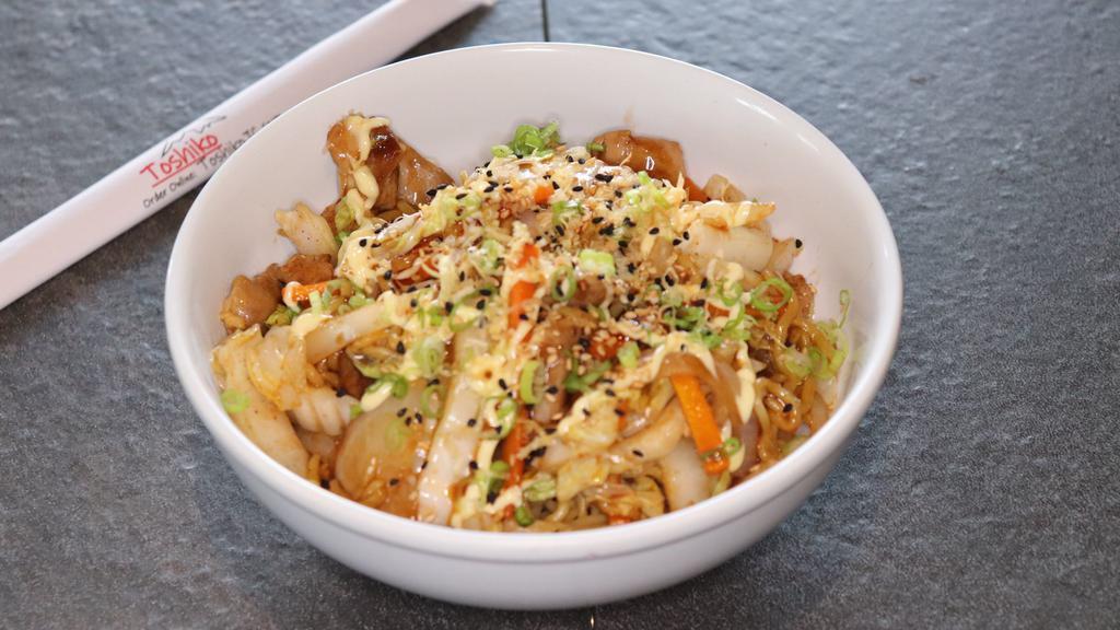 Chicken Yakisoba · Pan-fried noodle with chicken, napa cabbage, carrots, and white onions. Topped with Japanese mayo, green onions, beni shoga (pickled ginger) and ito-katsuo (shredded bonito fish flakes)