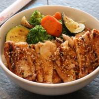 Chicken Teriyaki Bowl · Grilled chicken teriyaki with veggies, steamed rice, and your choice of miso soup or green s...