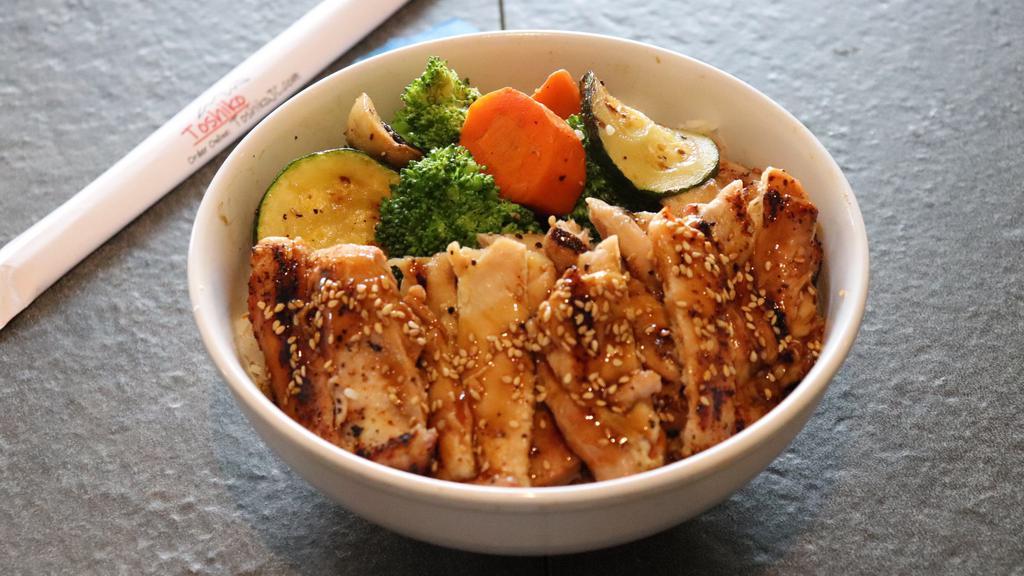 Chicken Teriyaki Bowl · Grilled chicken teriyaki with veggies, steamed rice, and your choice of miso soup or green salad