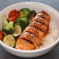 Salmon Teriyaki Bowl · Salmon teriyaki with veggies, steamed rice, and your choice of miso soup or green salad