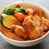 Chicken Katsu Bowl · Chicken katsu with veggies, steamed rice, and your choice of miso soup or green salad