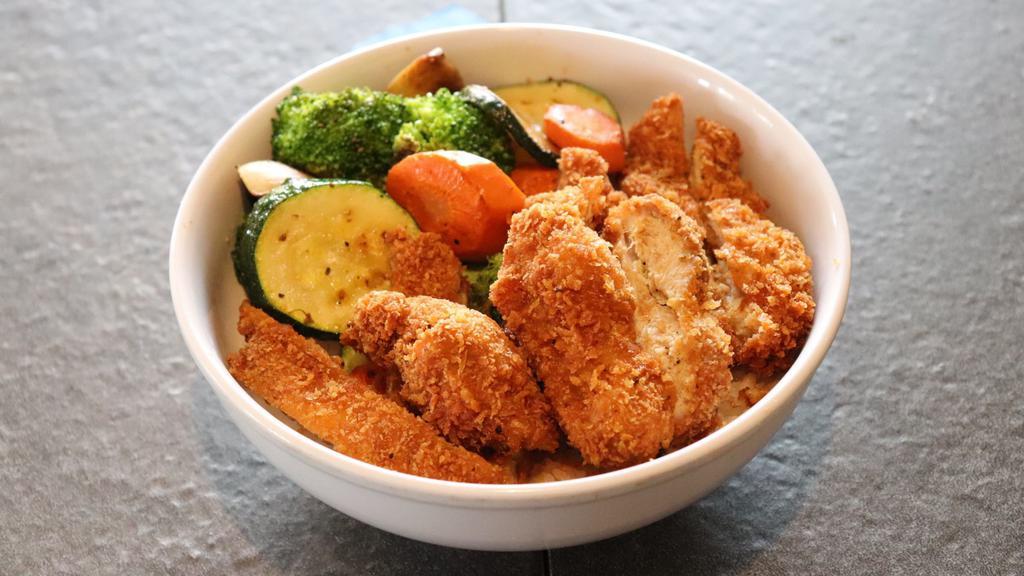 Chicken Katsu Bowl · Chicken katsu with veggies, steamed rice, and your choice of miso soup or green salad