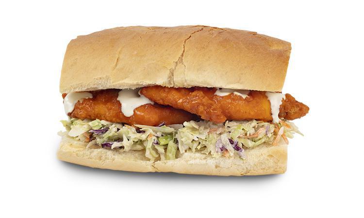 Buffalo Buddy · Our house made breaded, boneless chicken strips coated in Buffalo sauce, served on a roll with our ranch slaw and Blue Cheese dressing.